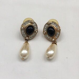 Gold-Tone Pearl Drop Earrings with Black Cabochon and Crystal Halo
